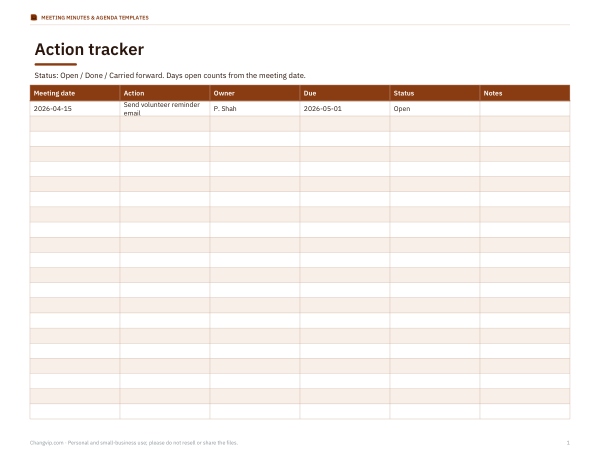 Preview of Printable Action Tracker Template