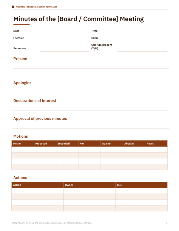 Preview of Formal Board Minutes Template