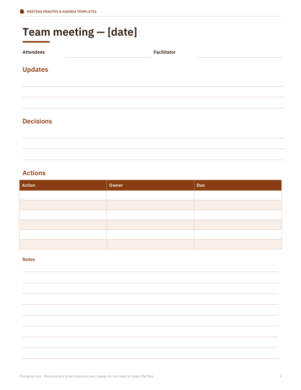 Preview of Printable Team Meeting Notes Template